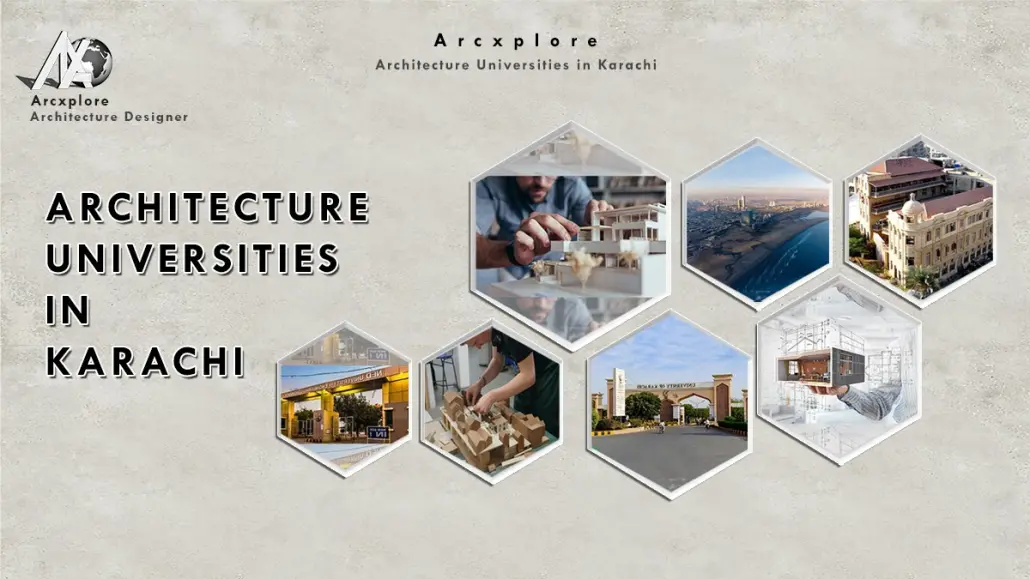 "Best architecture universities in Karachi – A collage featuring top architecture schools, university campuses, architectural models, and Karachi’s cityscape, highlighting premier institutions for architectural education."