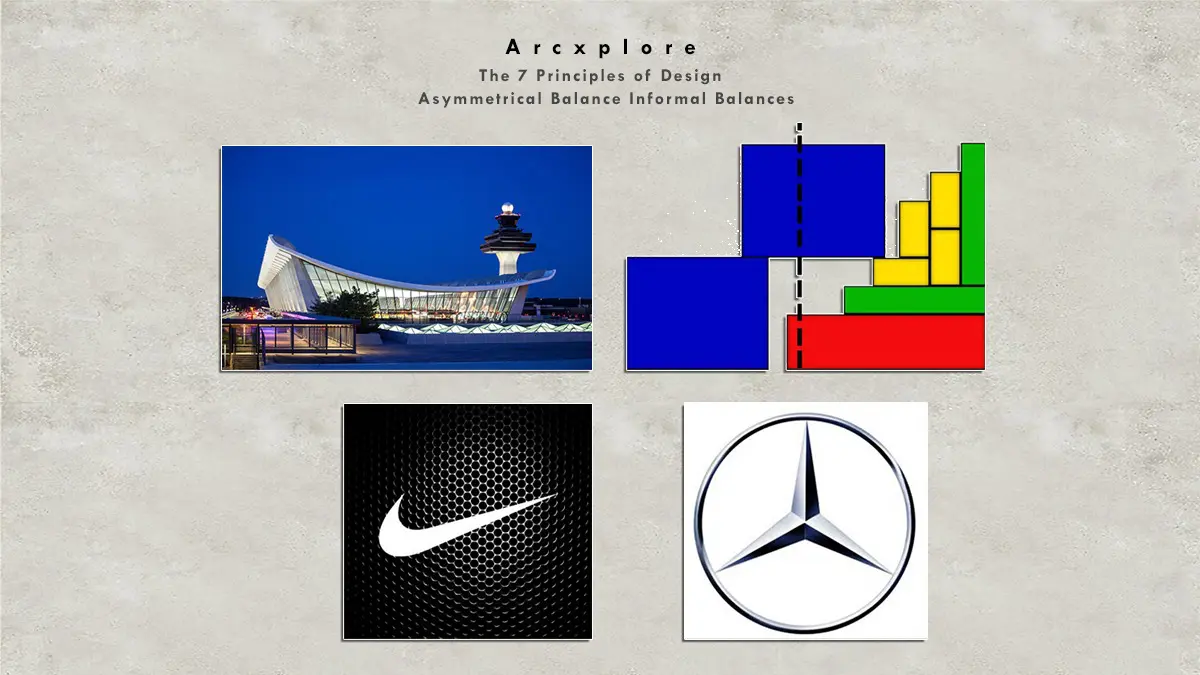 "Asymmetrical balance in design - Examples include an architectural structure, abstract geometric composition, and logos of Nike and Mercedes-Benz, demonstrating informal balance in design." What's the principle of design?"
