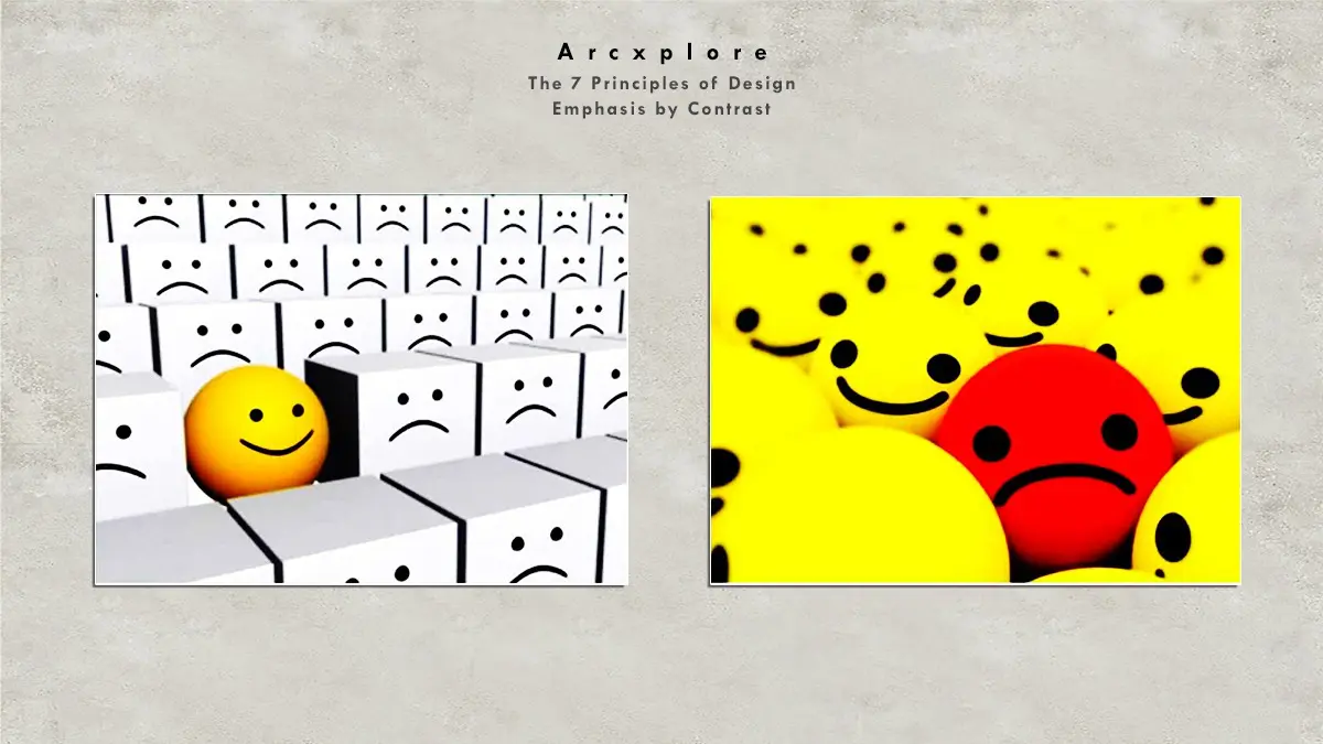 "Emphasis by contrast in design - A standout smiling yellow sphere among white cube-shaped sad faces and a red sad face among yellow happy faces, illustrating visual contrast."