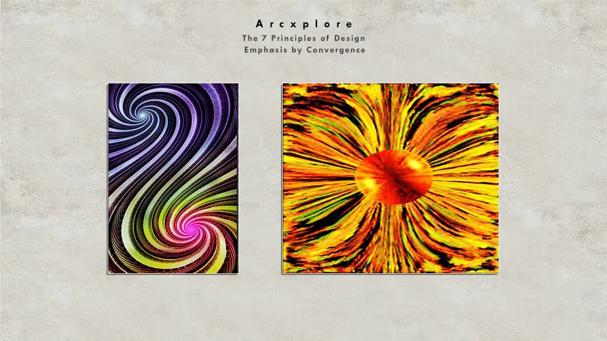 "Emphasis by convergence in design - Visual elements are directed toward a focal point, drawing attention to the center through swirling and radiating patterns." What's the principle of design?"