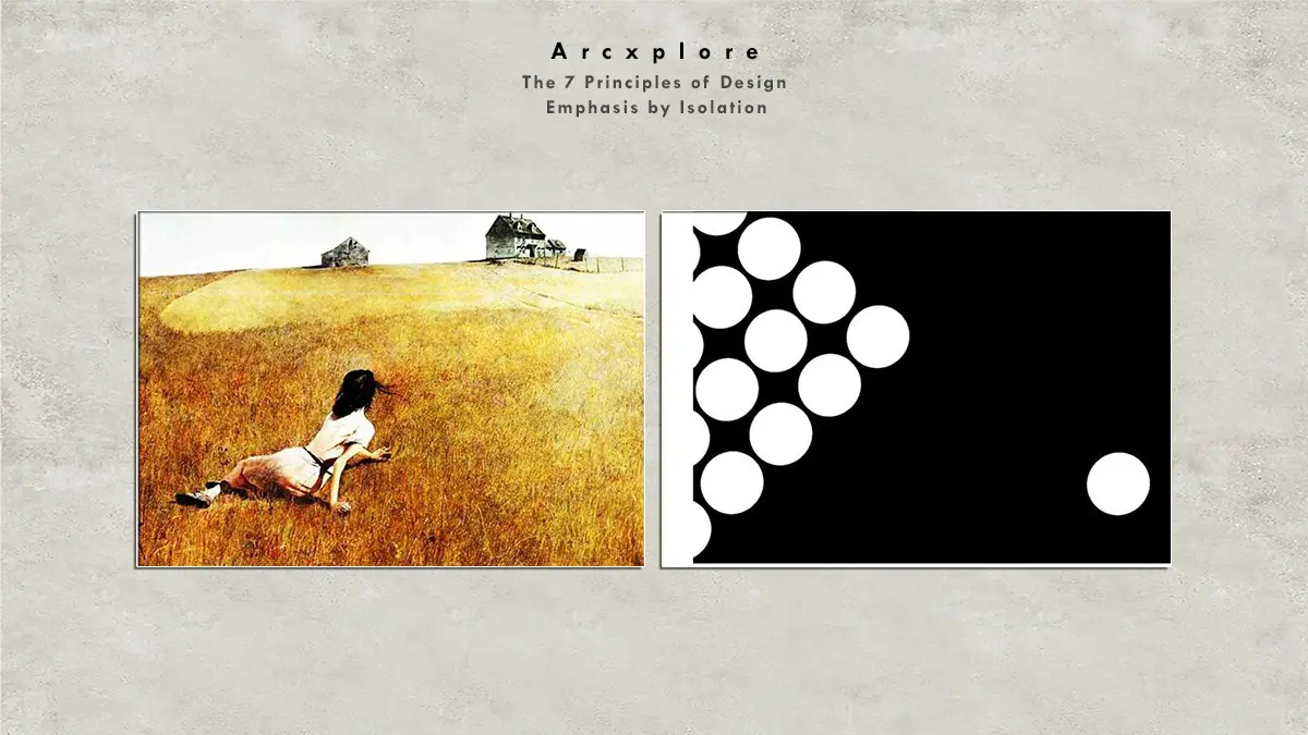 "Emphasis by isolation in design - A lone girl in a vast field and a single white circle separated from a clustered group on a black background, illustrating visual isolation."