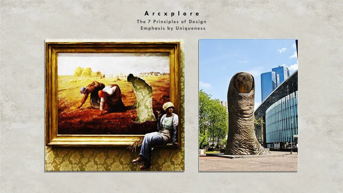 "Emphasis by uniqueness in design - Distinctive elements stand out due to their originality, such as a surreal painting breaking its frame and an oversized sculptural thumb in an urban setting." What's the principle of design?"