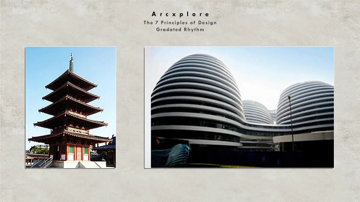 "Gradated rhythm in design - A traditional pagoda and a modern architectural structure, illustrating gradual variation in form and repetition."