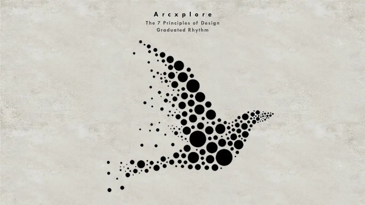 "Gradated rhythm in design - A bird silhouette formed by gradually increasing and decreasing black circles, demonstrating smooth progression in size and form."