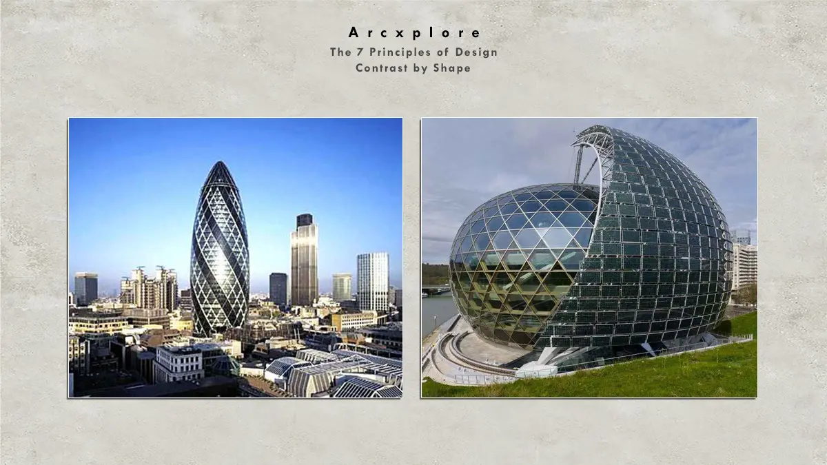 "Contrast by shape in architecture - The Gherkin in London with its sleek, cylindrical form versus a geodesic dome-inspired building with an open, curved shell structure." what's the principle of design. What's the principle of design?"