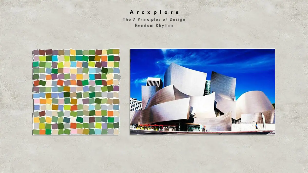 "Random rhythm in design - A mosaic pattern and the Walt Disney Concert Hall, illustrating irregular and dynamic repetition in architecture and design." What's the principle of design?"