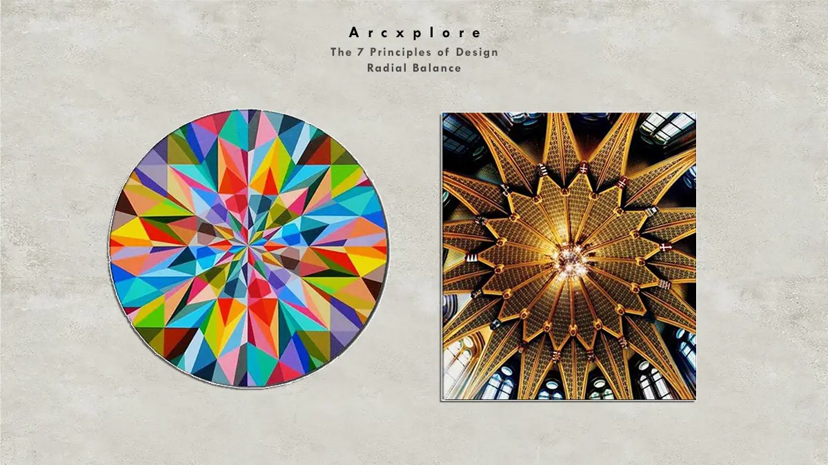 "Radial balance in design - A colorful geometric pattern and an ornate architectural ceiling demonstrating symmetry radiating from a central point." What's the principle of design?"