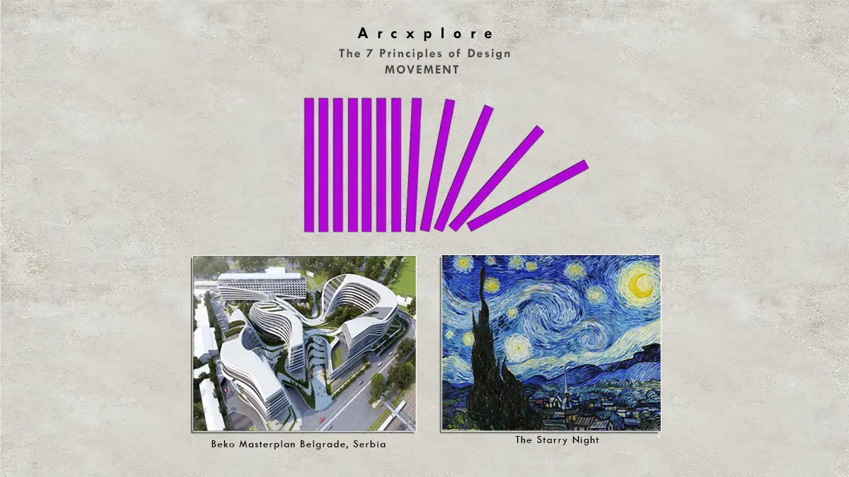 "Movement in design - A visual representation of dynamic lines, fluid architectural design in Beko Masterplan Belgrade, Serbia, and Van Gogh’s 'The Starry Night,' illustrating motion and flow in design and art." What's the principle of design?"