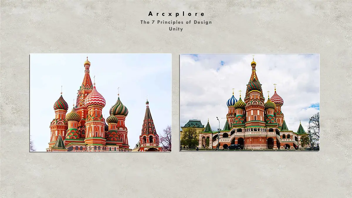 "The iconic St. Basil’s Cathedral in Moscow, showcasing a harmonious blend of vibrant colors and intricate patterns in its architectural design." What's the principle of design?"