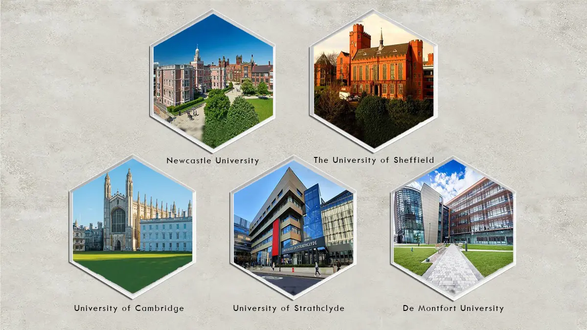  "Top architecture universities in UK including Newcastle University, The University of Sheffield, University of Cambridge, University of Strathclyde, and De Montfort University - Arcxplore guide to the best architecture colleges in the United Kingdom."