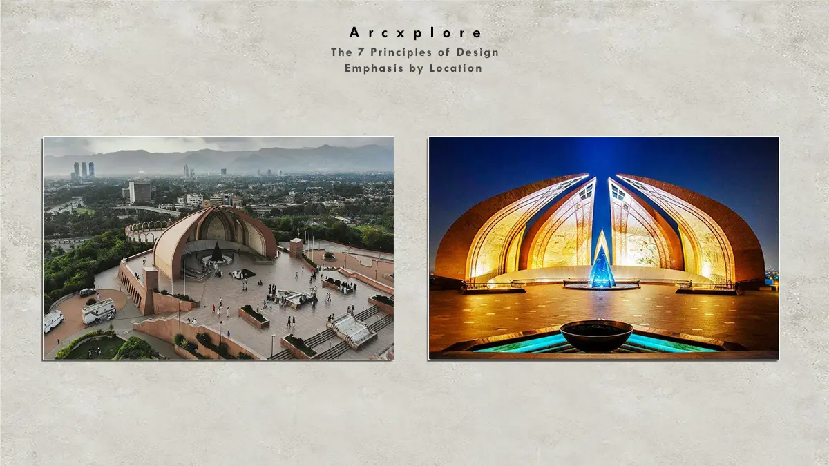 "Emphasis by location in design - The Pakistan Monument, centrally positioned in both images, draws attention through its placement and symmetry, illustrating how location creates focal points in architecture."
