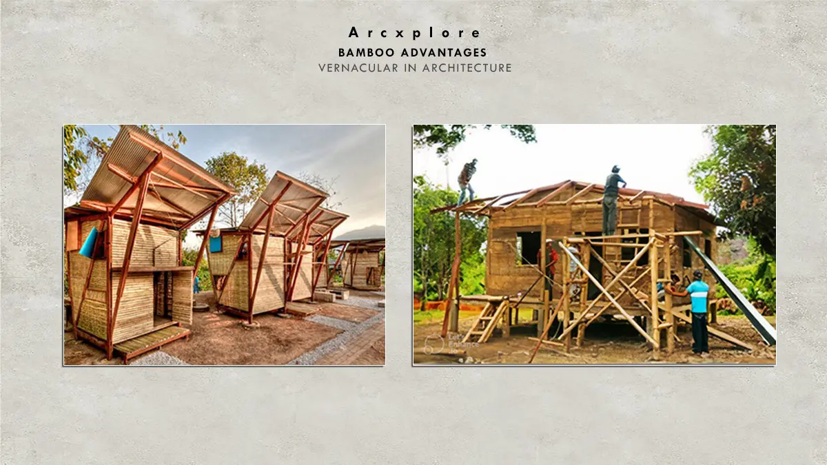  "Eco-friendly bamboo architecture showcasing sustainable bamboo shelters and bamboo house construction. Left image shows modern bamboo huts with slanted roofs for natural ventilation, right image depicts workers building a bamboo house frame using local materials. Demonstrating the benefits of bamboo in vernacular architecture, such as sustainability, low cost, rapid construction, and climate adaptability."