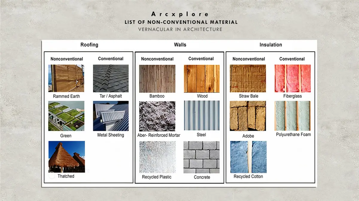"Comparison chart of non-conventional and conventional building materials used in vernacular in architecture by Arcxplore, showcasing sustainable options like rammed earth, green roofing, thatched roofs, bamboo, adobe, straw bale, recycled plastic, and recycled cotton insulation versus conventional materials such as asphalt, metal sheeting, wood, steel, fiberglass, concrete, and polyurethane foam."
