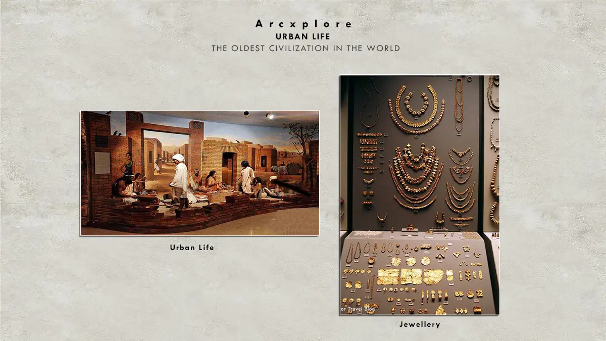 "Mohenjo Daro Urban Life – Daily Life and Jewelry of the Indus Valley Civilization: A realistic depiction of daily life in the ancient city of Mohenjo Daro, showcasing a marketplace scene with traders, artisans, and social interactions. The accompanying image highlights exquisite jewelry made of gold, semi-precious stones, and beads, reflecting the craftsmanship and wealth of the Harappan people. This visual representation provides insight into the sophisticated lifestyle and artistic achievements of one of the world’s oldest civilizations (2600–1900 BCE)."