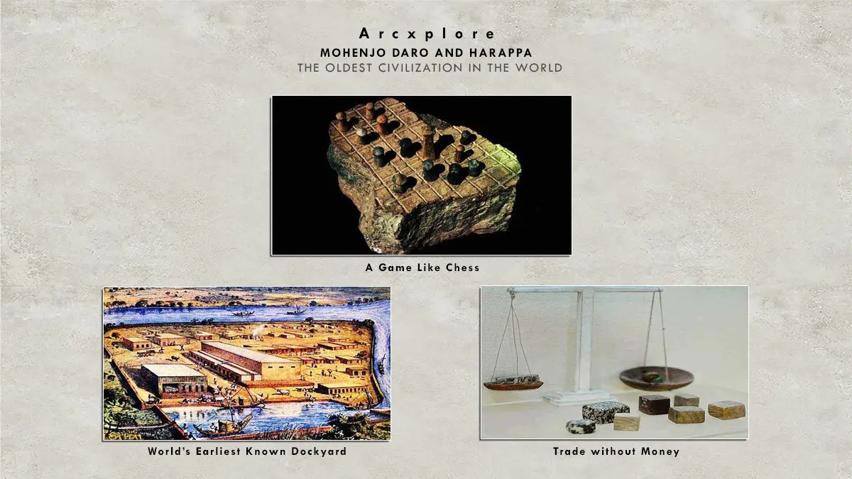 "Mohenjo Daro and Harappa – Ancient Games, Trade, and the World's Oldest Dockyard: This image showcases key aspects of the Indus Valley Civilization (2600–1900 BCE). At the top, an ancient board game resembling chess highlights early recreational activities. Below, an artistic depiction of the Lothal dockyard—the world’s earliest known dockyard—demonstrates the civilization's advanced maritime trade. On the right, a balance scale with standardized weights represents the Harappan system of trade, which operated without currency, relying on bartering and precise measurement. These artifacts reflect the ingenuity, economic structure, and cultural development of one of the world’s oldest civilizations."