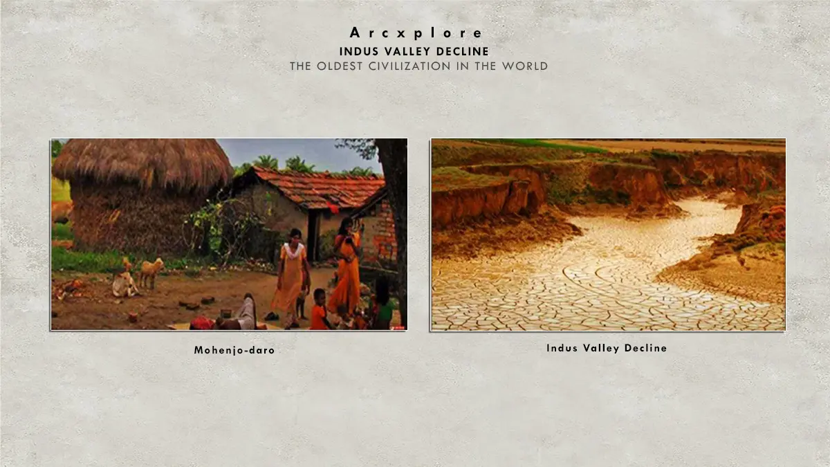 "Indus Valley Decline – The Fall of the Civilization: A visual representation of the decline of the Indus Valley Civilization, featuring a rural settlement near Mohenjo Daro and an image of environmental degradation with dried, cracked land. These images symbolize the possible reasons for the civilization’s decline, including climate change, drought, and socio-economic shifts."