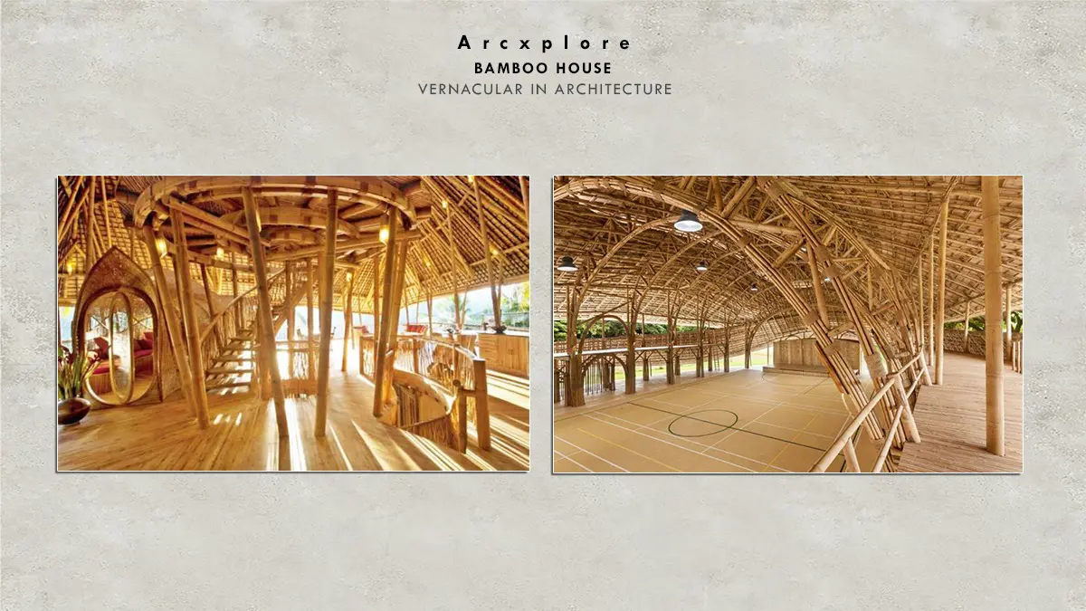 "Eco-friendly bamboo architecture showcasing sustainable bamboo shelters and bamboo house construction. Left image shows modern bamboo huts with slanted roofs for natural ventilation, right image depicts workers building a bamboo house frame using local materials. Demonstrating the benefits of bamboo in vernacular architecture, such as sustainability, low cost, rapid construction, and climate adaptability."
