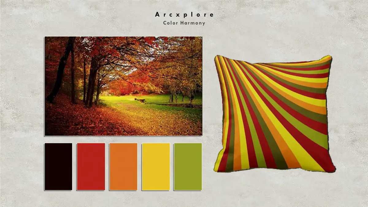 "Color harmony concept with autumn forest landscape, vibrant fall foliage, warm color palette swatches including brown, red, orange, yellow, and olive green, and a decorative pillow design inspired by nature's color harmony for home decor and interior design."