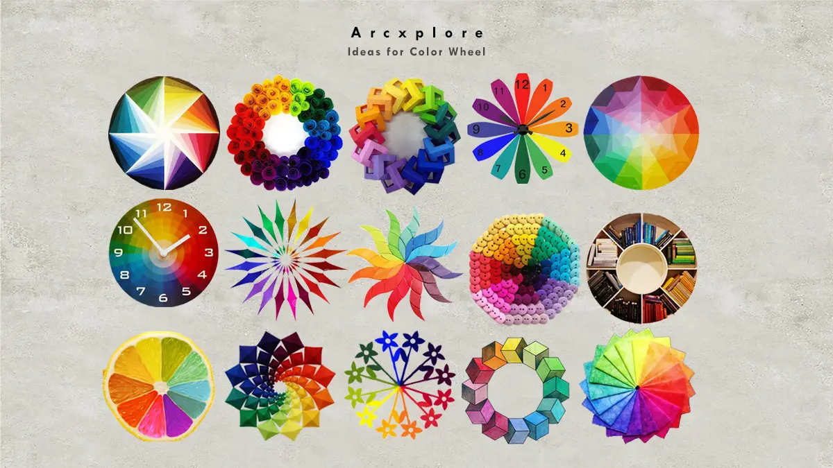 "Creative color wheel ideas by Arxplore featuring 16 unique and artistic designs, including geometric patterns, paper art, clock-inspired color wheels, book arrangement color circle, and vibrant color spectrum illustrations. Perfect inspiration for designers, artists, and educators learning about color theory and visual aesthetics."
