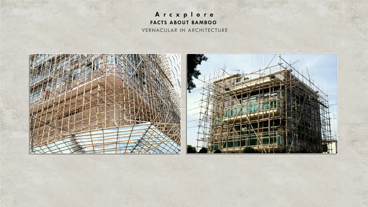 "Bamboo scaffolding around modern buildings, showcasing sustainable construction techniques and vernacular architecture practices using bamboo in contemporary structures."