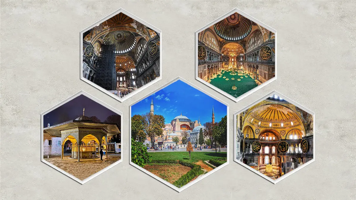Stunning views of Hagia Sophia Mosque in Istanbul, Turkey – showcasing its magnificent Byzantine and Ottoman architecture, grand domes, and intricate Islamic calligraphy. A UNESCO World Heritage Site, this historic mosque is a major tourist attraction and an iconic symbol of Istanbul’s rich cultural heritage.