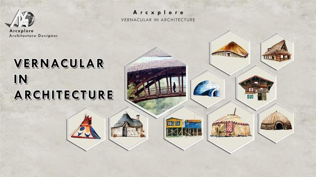 "Visual representation of vernacular in architecture showcasing traditional building styles such as yurts, igloos, stilt houses, thatched cottages, timber homes, and indigenous structures, reflecting diverse cultural and environmental adaptations in global architecture, featured by Arcxplore."