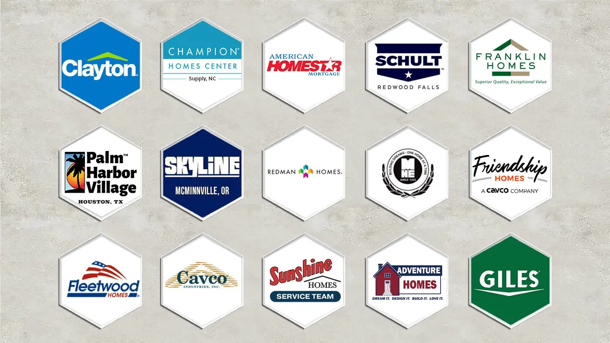 Logos of top manufactured home builders in the USA, including Clayton Homes, Champion Homes Center, American Homestar, Schult, Franklin Homes, Palm Harbor Village, Skyline, Redman Homes, Friendship Homes, Fleetwood Homes, Cavco, Sunshine Homes, Adventure Homes, and Giles.