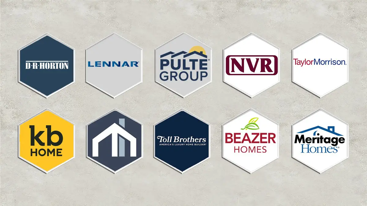 A graphic featuring logos of the biggest home builders in the USA, including D.R. Horton, Lennar, Pulte Group, NVR, Taylor Morrison, KB Home, Toll Brothers, Beazer Homes, and Meritage Homes. Discover the top companies shaping the American housing market.