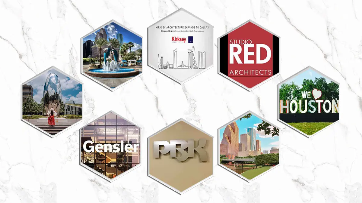 "Top architecture companies in Houston, including Gensler, Kirksey, PBK, and Studio Red Architects, showcasing innovative architectural designs and urban landscapes - ArcXplore."