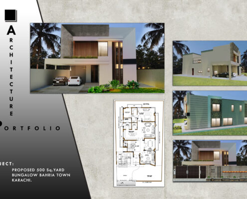 Modern 500 sq. yard bungalow design in Bahria Town Karachi – front elevation, 3D renderings, and detailed floor plan by Arcxplore architecture portfolio